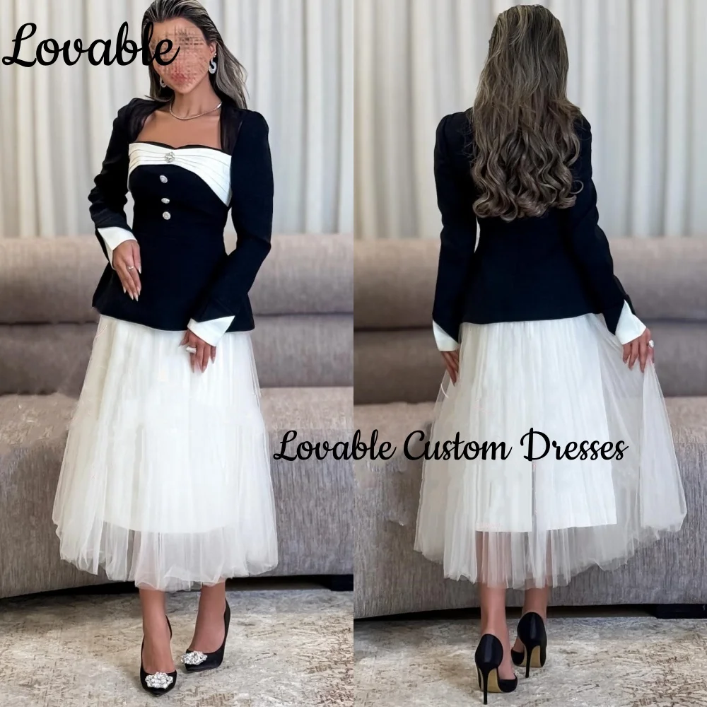 

Элегантные черные роскошные вечерние платья трапециевидной формы с квадратным вырезом длиной до пола, платья для торжественных случаев с рюшами и длинными рукавами