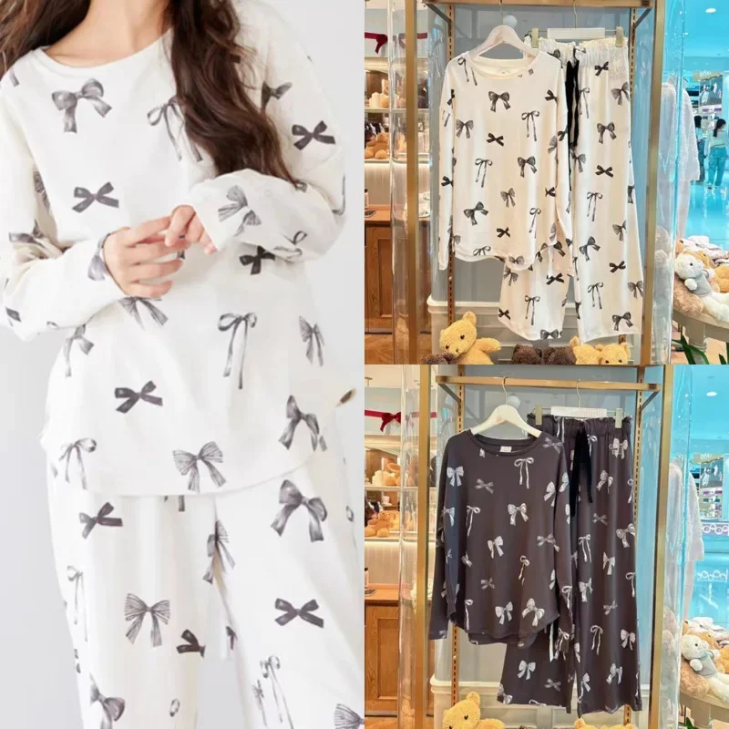 Bow Ice Cream Pajama Set Women Korea Cotton Print Soft Bow Long Sleeved Pants Onesized O-neck Pajamas Couple Home Wear Suit New