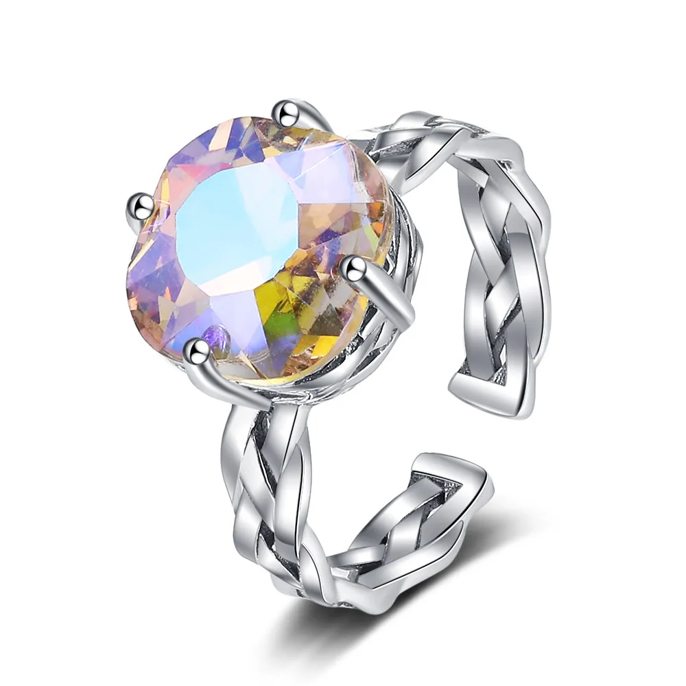 925 Sterling Silver Ring Braided Colored Zircon Open Ring Women's Fashionable Simple Birthday Party Wedding Jewelry Gift
