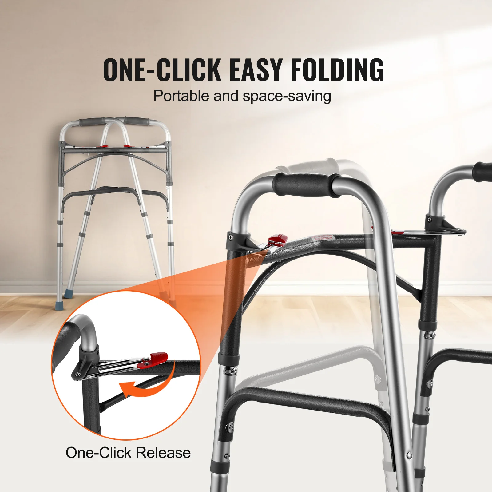 VEVOR Folding Walker Adjustable Height and Durable Handles Lightweight Aluminum Mobility Walker Aid for Elderly