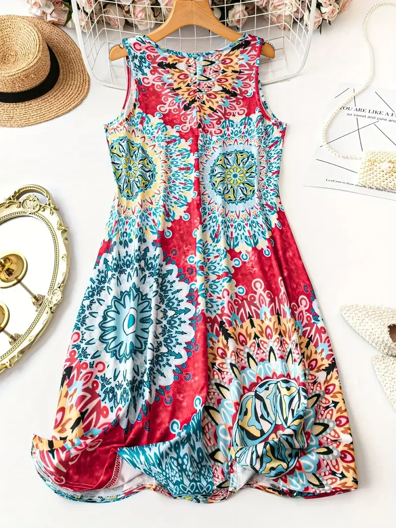 플러스 사이즈 여성용 프린트 캐주얼 브이넥 민소매 드레스