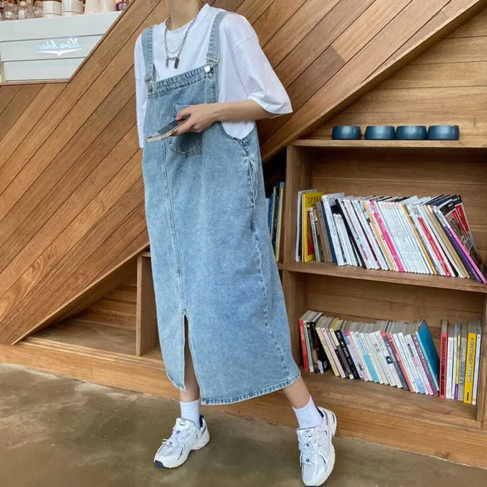 

Vintage Preppy Style Sleeveless Jeans Dresses a-Line Loose Denim Overalls Skirt Pocket Solid Suspender Skirt Denim Women