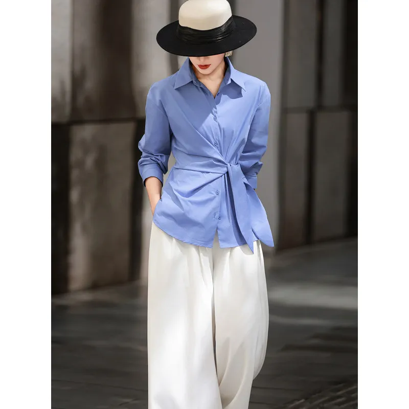 MEXCOCO 2026 Autumn Women Elegant Lapel Shirt Long Sleeve Single Breasted Waist Tie Wrap Blouse Slim Fit Casual Top