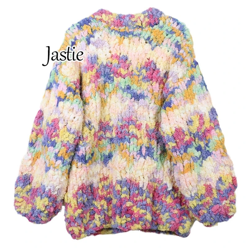 Jastie Sweater Cardigan 2024 Autumn And Winter Rainbow V-neck Long-sleeved Loose Handmade Stick Knitted Cardigan Female Sweater