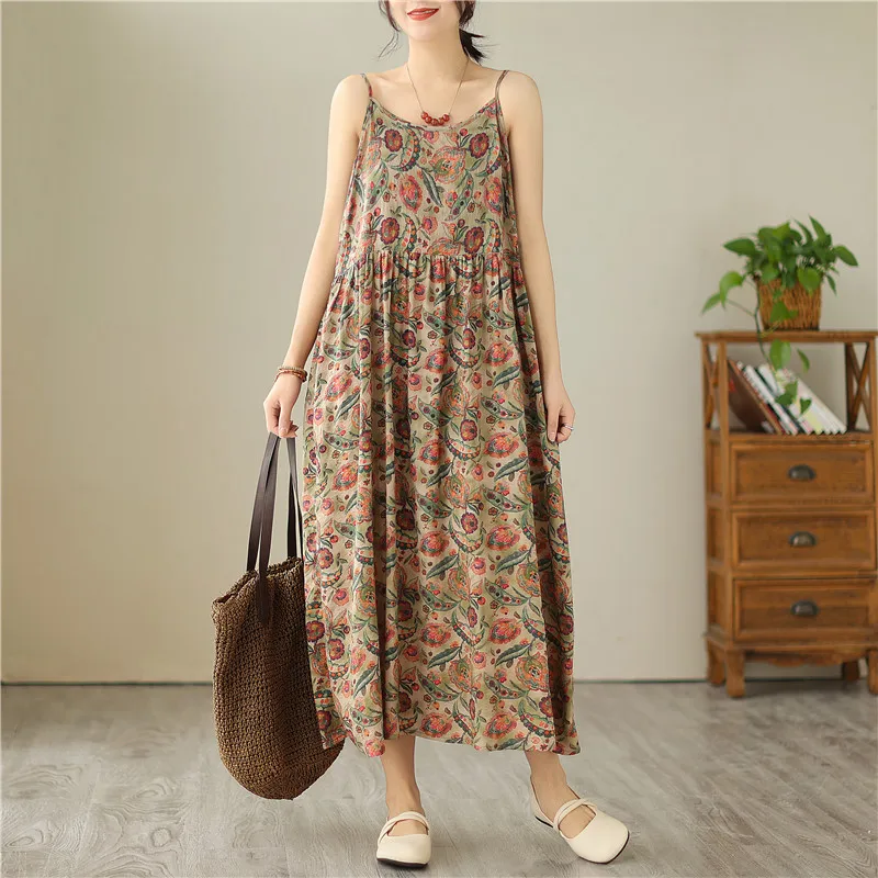 Summer Cotton Sleeveless Spaghetti Strap Print Vintage Long Dresses For Women 2023 New Casual Beach Dress Femme Elegant Clothing