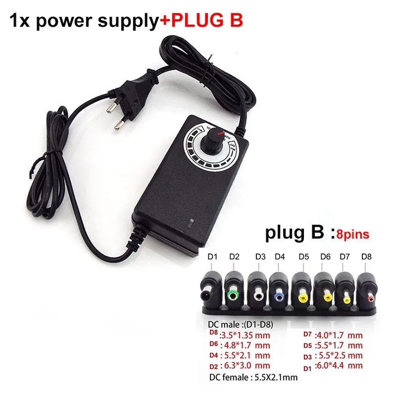 DC 3-12V Adjustable Power Supply Adapter AC 100V-240V Universal Charger Jack to Plugs DC  5.5x2.1mm Female Connector US/EU Plug