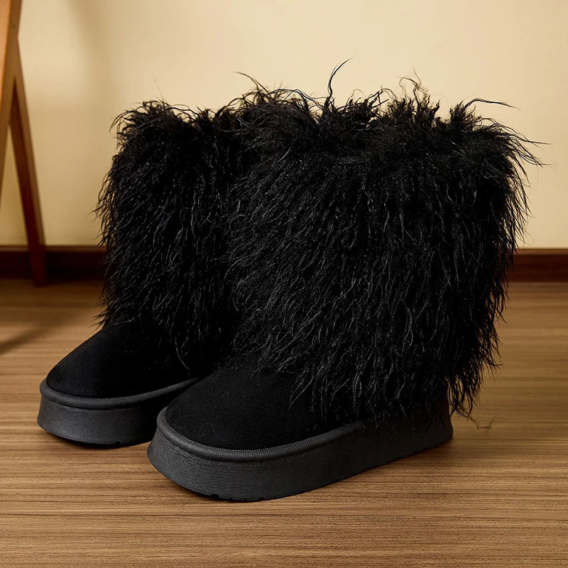 خمر طويلة أفخم الشتاء أحذية النساء الدافئة سميكة أفخم عدم الانزلاق الثلوج أحذية امرأة الانزلاق على منصة مكتنزة منتصف العجل بوتاس 45 #5