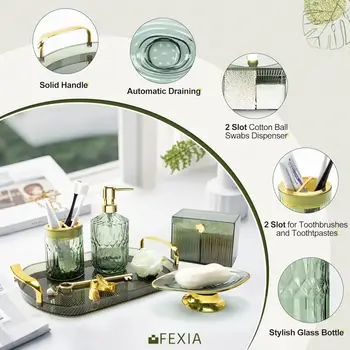 綠色浴室配件套裝 5 件套,包含綠色浴室裝飾、裝飾性梳妝托盤和皂液器,適合波西米亞風格浴室裝飾。 10 最佳銷售 浴室配件套裝 - №3