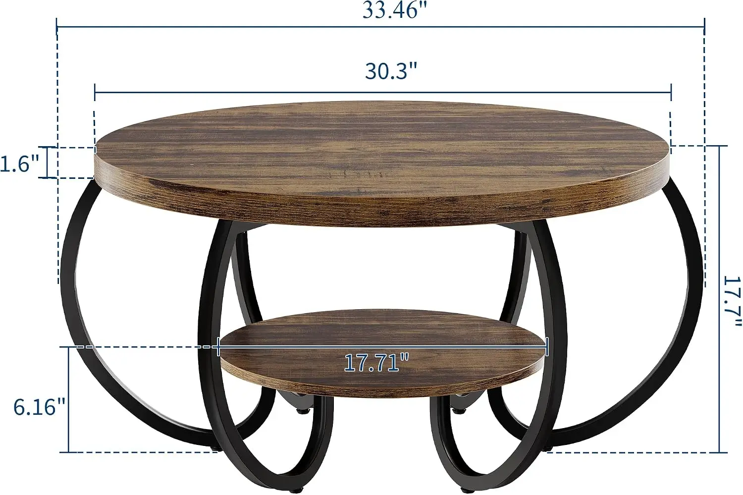 Round Coffee Table, Industrial Center Table With Storage Shelf, Two Tier Living Room Tea Table, Wood Grain Accent Table With Adjustable Feet, Vintage Brown Home Furniture