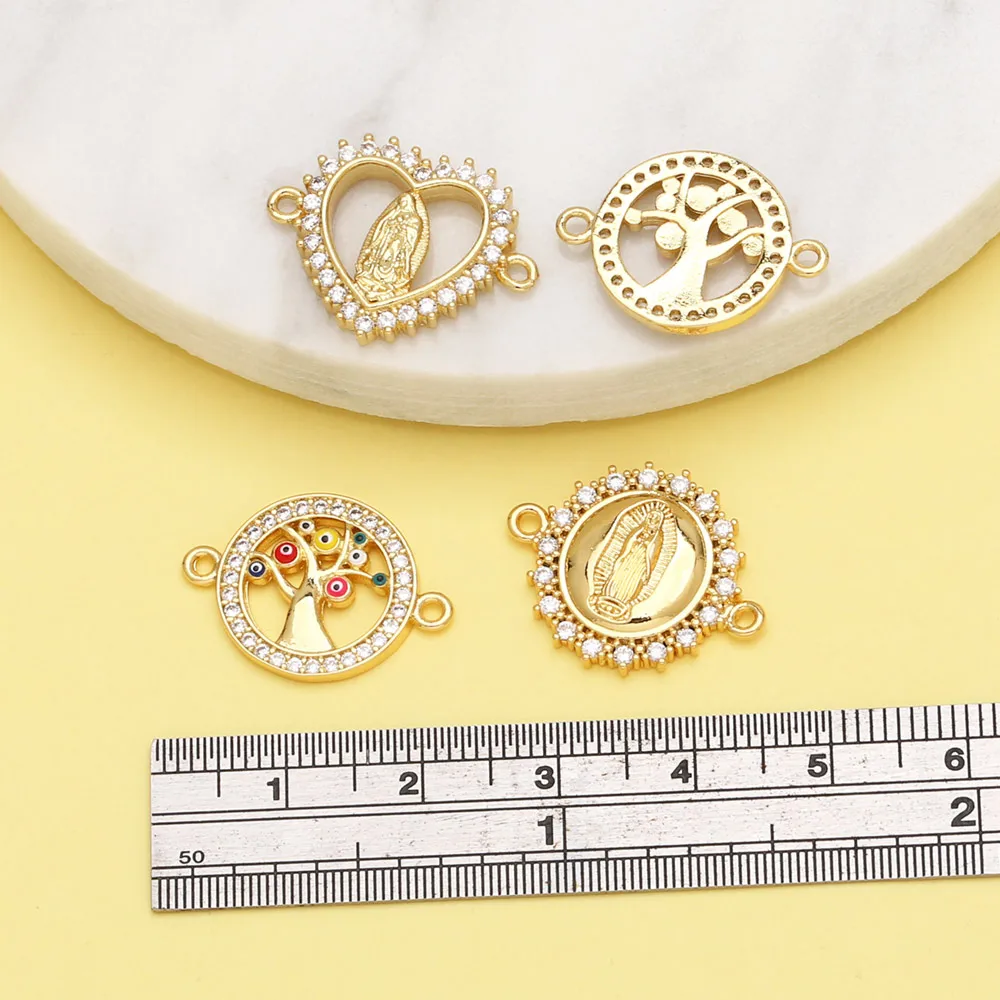 OCESRIO White Crystal Virgin Mary Heart Charms for Bracelet Copper Gold Plated CZ Tree of Life Jewelry Making Supplies chma255