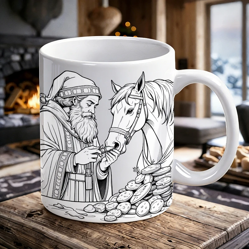 

Vintage line art Saint Nicholas feeding a white horse ceramic mug,coffee cup, milk cup,office tea cup, drinking cup,holiday gift