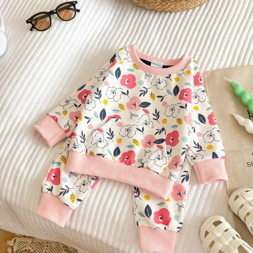 

Pink Sportswear Autumn Spring New in - Infant Toddler Active Print Terry Sweatshirts Pants Kids Children Clothing Set 2pcs 6M-3Y