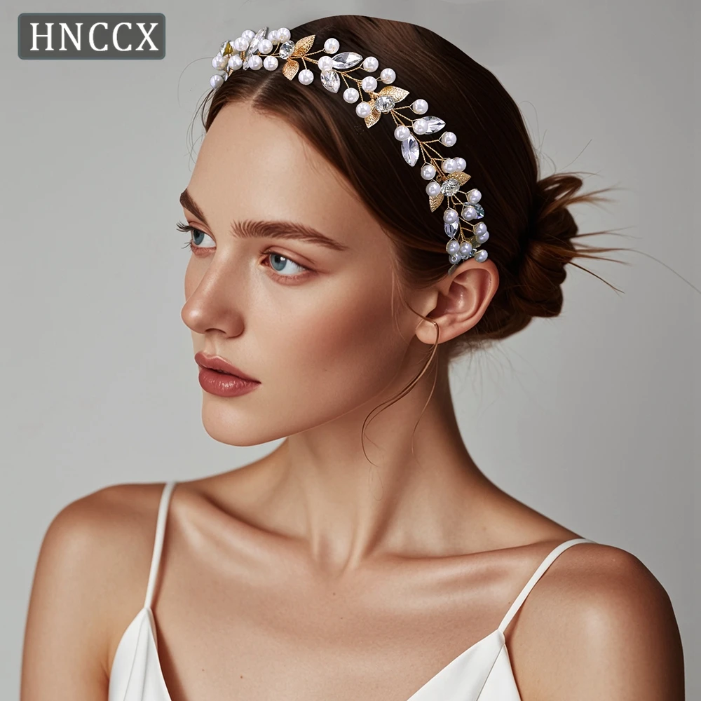 HNCCX Bride Pearl Hair Band Gold Color Alloy Leaf Wedding Headband Women Elegant Party Headwear Travel Hair Accessories CP736