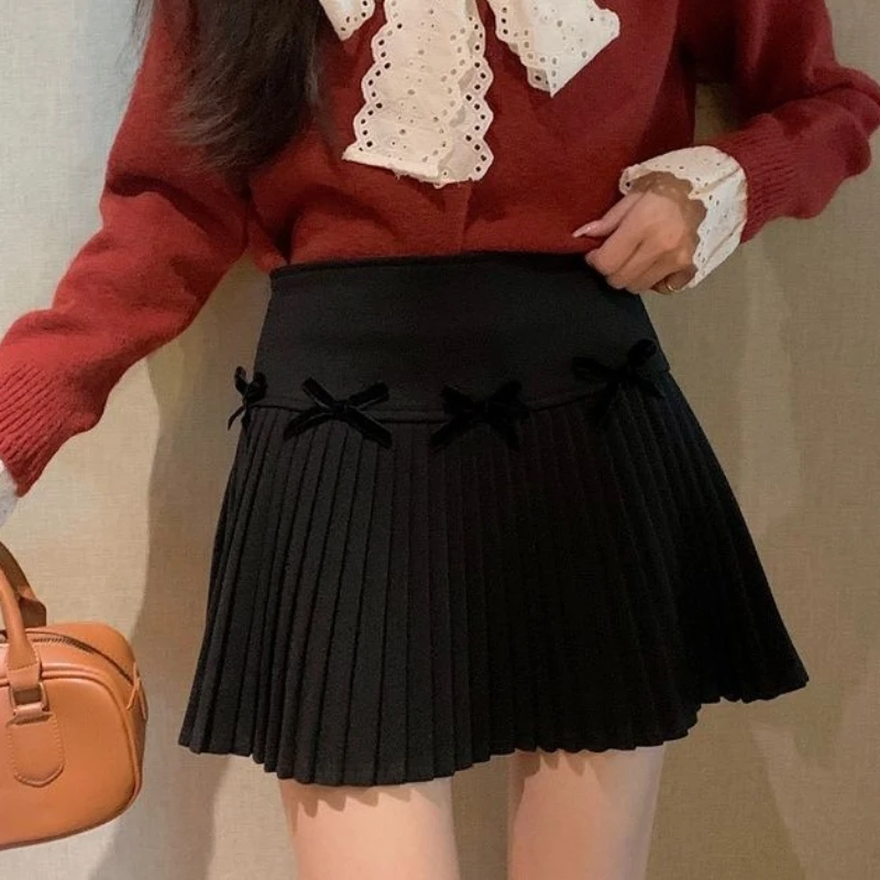 Korean Style Skirts Women Mini Solid Bow Sweet Girls Autumn New A-line Fashion Soft Warm All-match Pleated Design High Waist