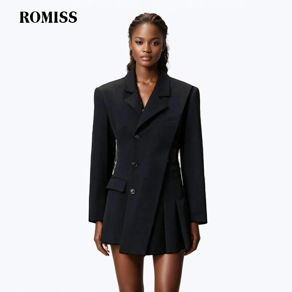 

ROMISS Hollow Out Pleated Dresses For Women Notched Collar Long Sleeve Single Breasted High Waist Slim Solid Dress Female New