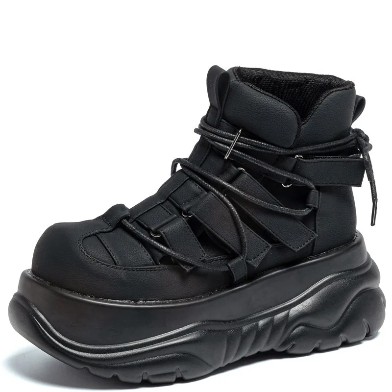 8cm High Top Chunky Sneakers 2027 Platform Wedge Heel Shoes for Women Walking Shoes Black Punk Casual Boots Comfortable Booties