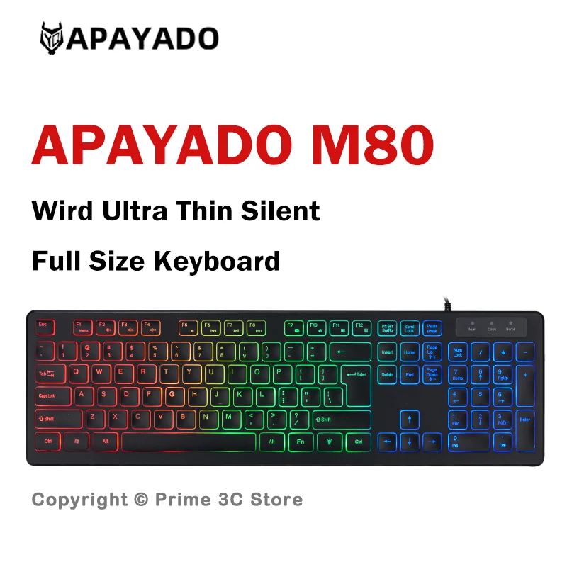 APAYADO M80 Ultra Thin Wired Keyboard 104 Keys Silent Membrane Keyboard Backlit Chocolate Keycaps USB Windows Mac