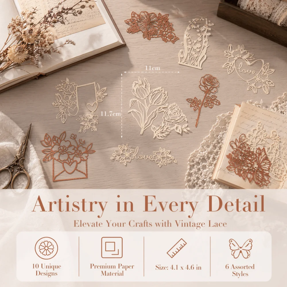 10pcs/Pack Vintage Lace Paper Cutout Design Large Size Junk Journal Ephemera Butterfly Shape Hollow Out Texture Craft Paper Pack