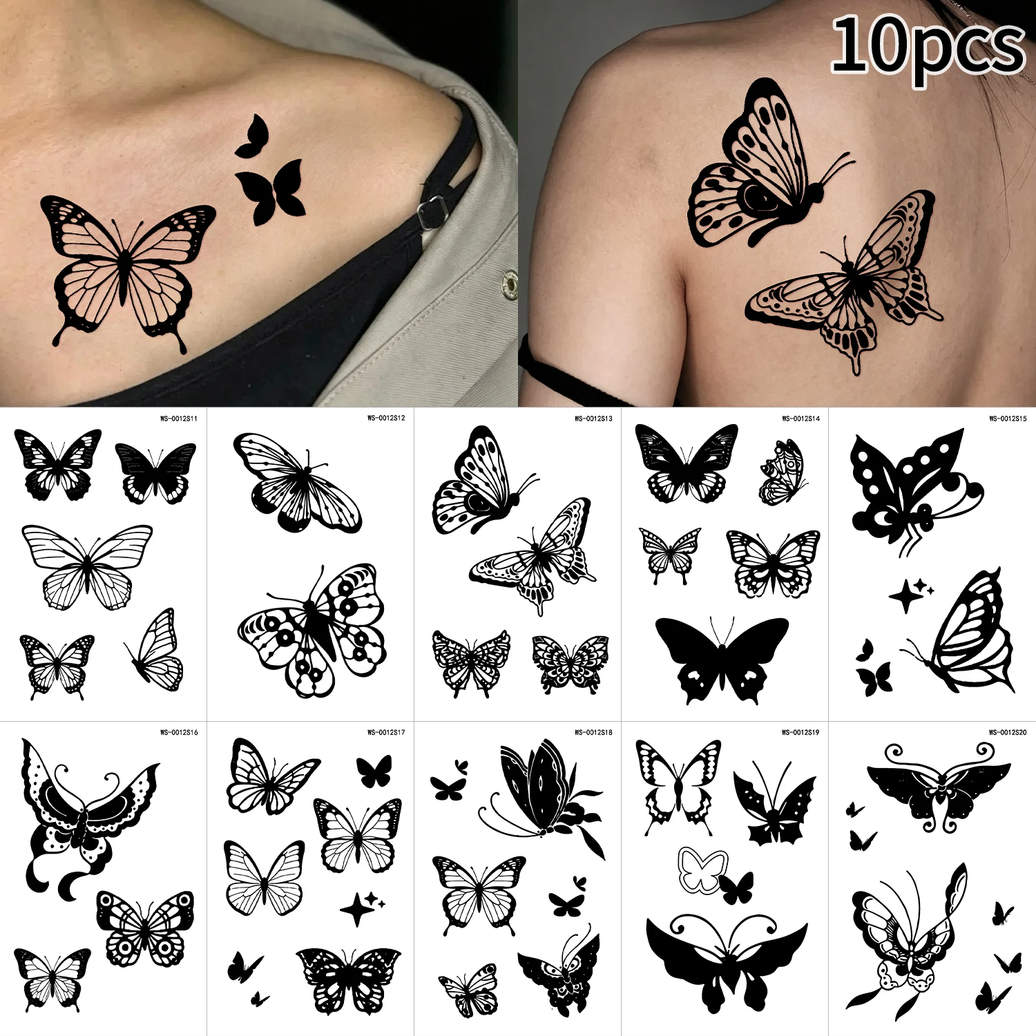 10Pcs Black Line Butterfly Temporary Tattoo Stickers Hollow Butterflies Disposable Fake Tattoos for Hand Chest Body Art Decor NL
