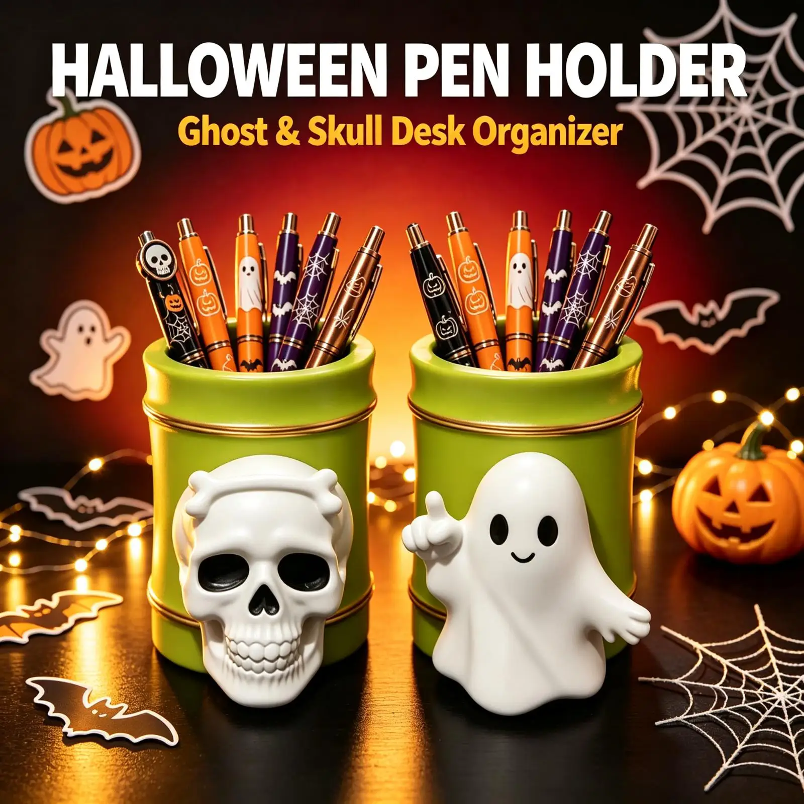Halloween Ghost Skull Pen Holder Cute Desktop Pencil Organizer Halloween Party Decor Gift for Home Office Desk