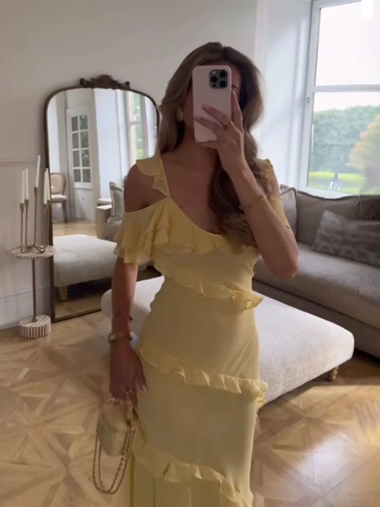 HH verão moda feminina vestidos gola quadrada sem mangas sem costas em camadas decoração feminina estilo praia vestido longo amarelo