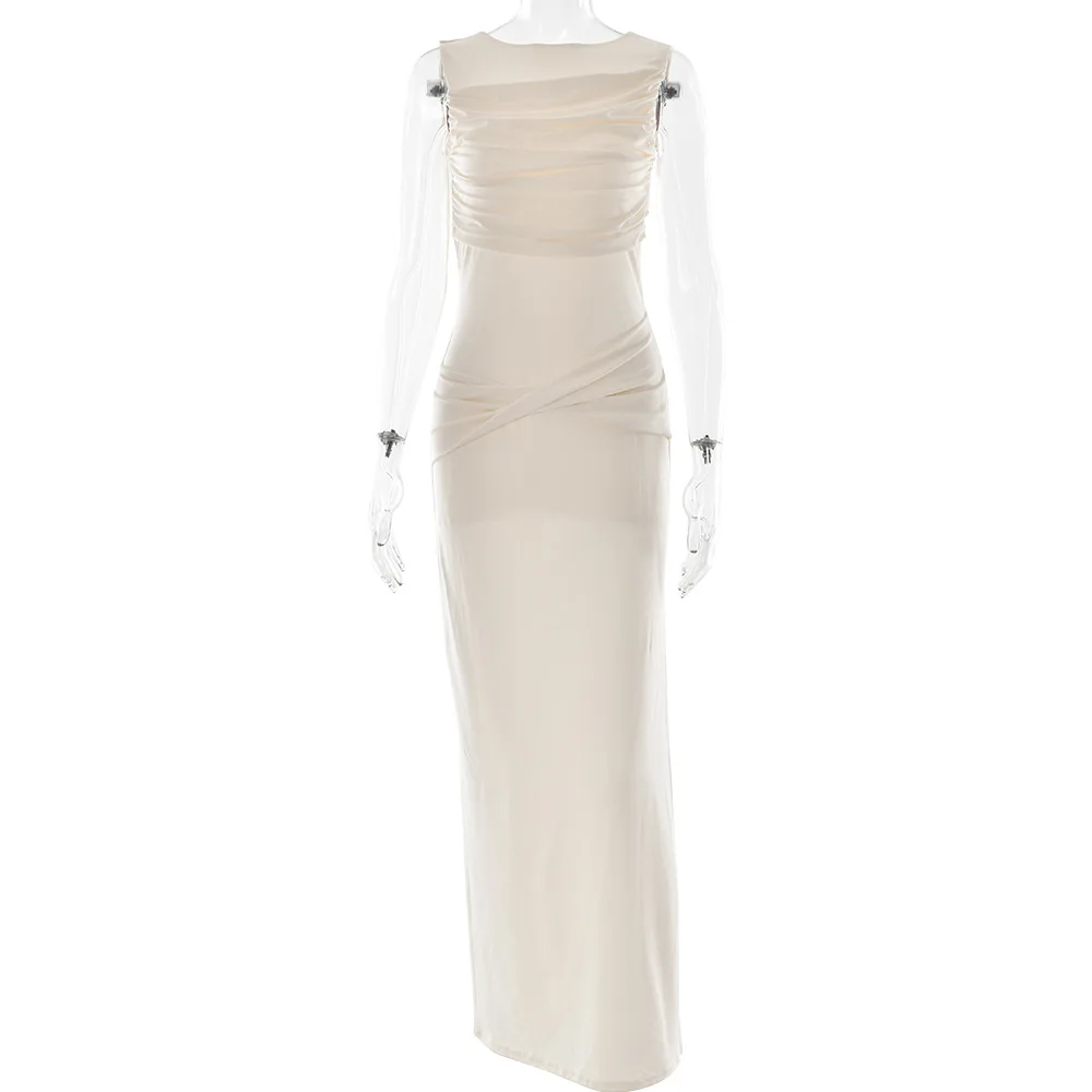 Backless Ruches Sexy Maxi Jurk Vrouwen Zomer O Hals Hoge Split Bodycon Elegante Lange Jurk Mode Jurk Mouwloze Jurken 2025