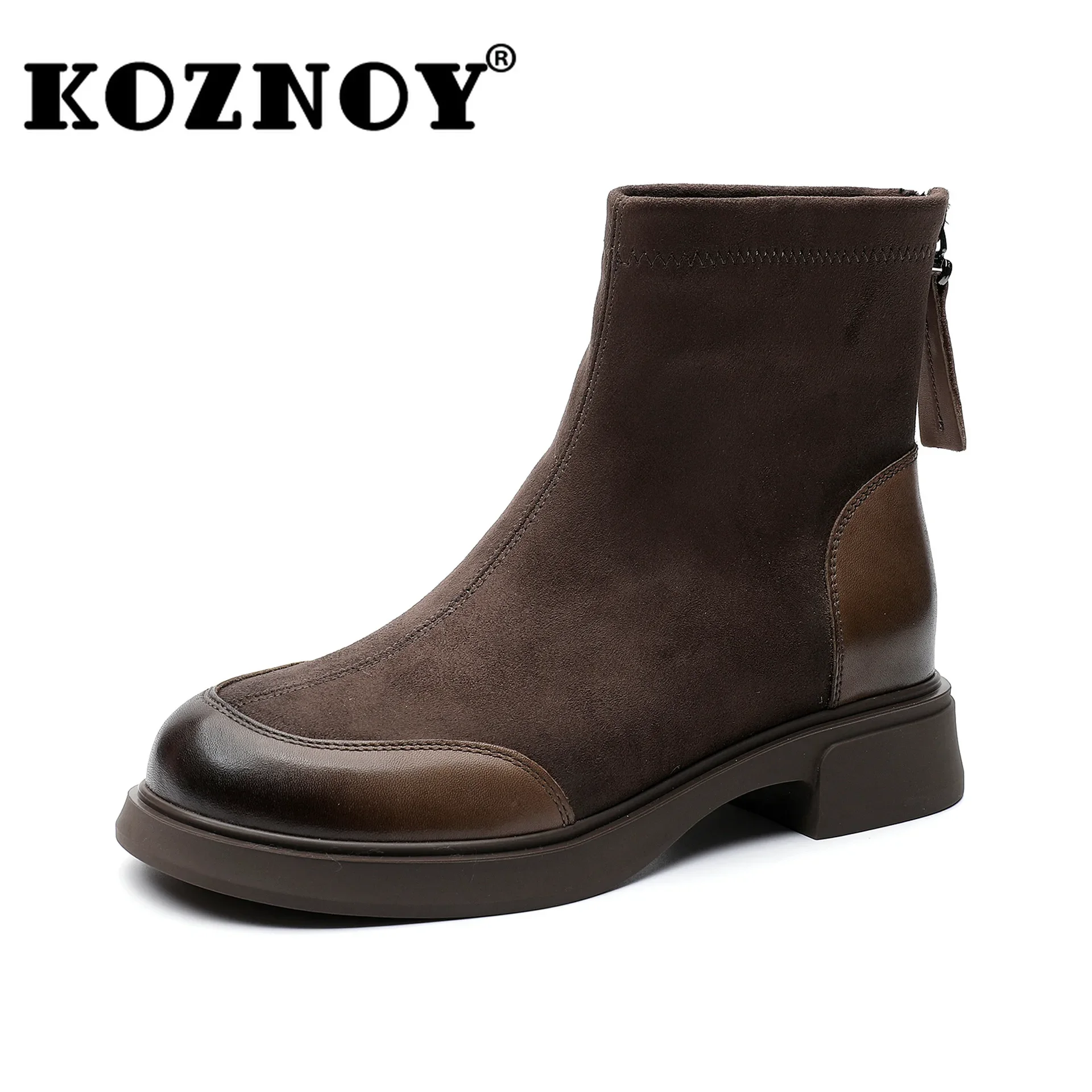 Koznoy 3.5cm 2024 Women Motorcycle Boots Autumn British Wind Ankle Boots Leather Stretch Fabric Knee High Booties Winter Shoes