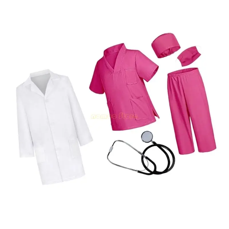 31BF Costume da dottore finto, set da 6 pezzi per bambini, in cotone, per giochi ruolo, uniforme, vestito divertente