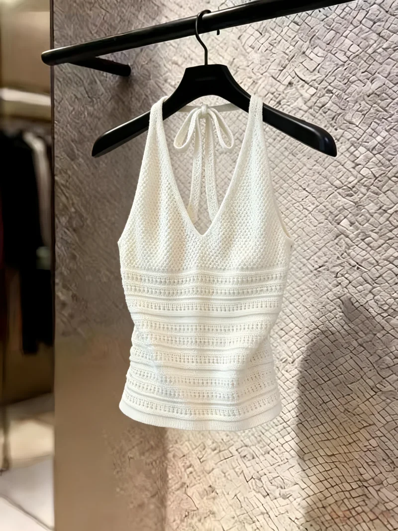 

Women's Knitted Hollow out Vest Summer New Design Slim Fit Versatile Top Self-Kept Style Korean Version Short Sleeve V-Neck