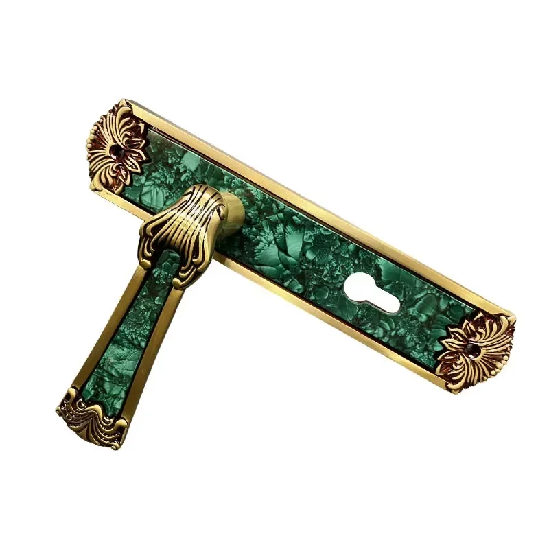 Vintage European Style Solid Brass Door Lock Gold Finish Malachite Handle Silent Indoor Latch for Bedroom Bathroom Home