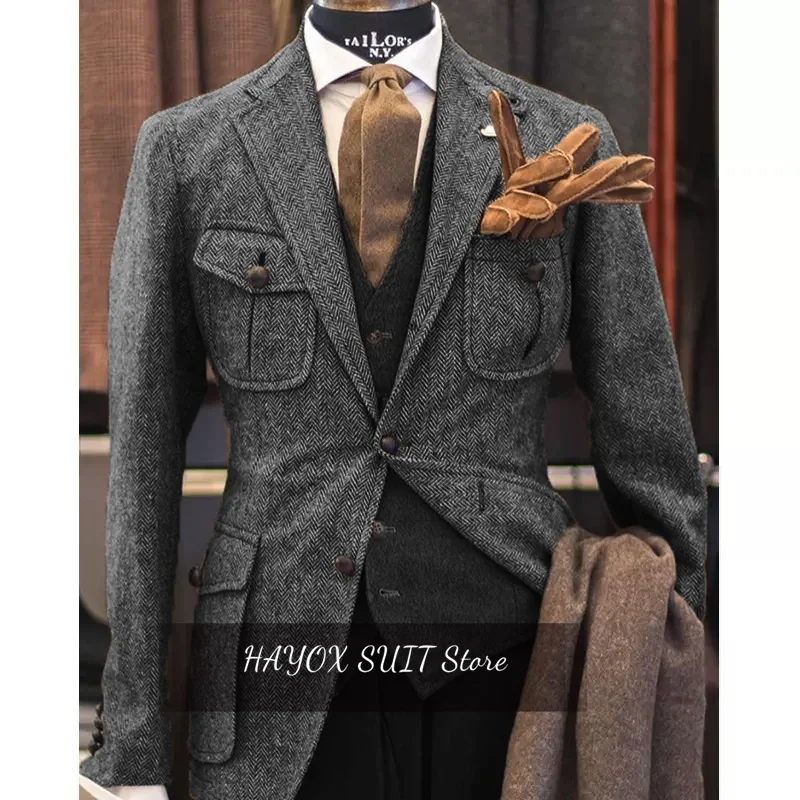 Men's Suit Jacket Inner Shirt Suit Pants Lapel Single-breasted Herringbone Wool Formal Elegant Suit Three-piece Set Casual