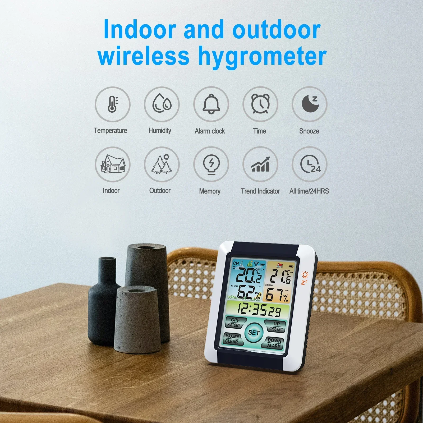 Wireless Indoor Outdoor Hygrometer Thermometer Temperature Humidity Display Monitor Digital Weather Forecast Station Clock