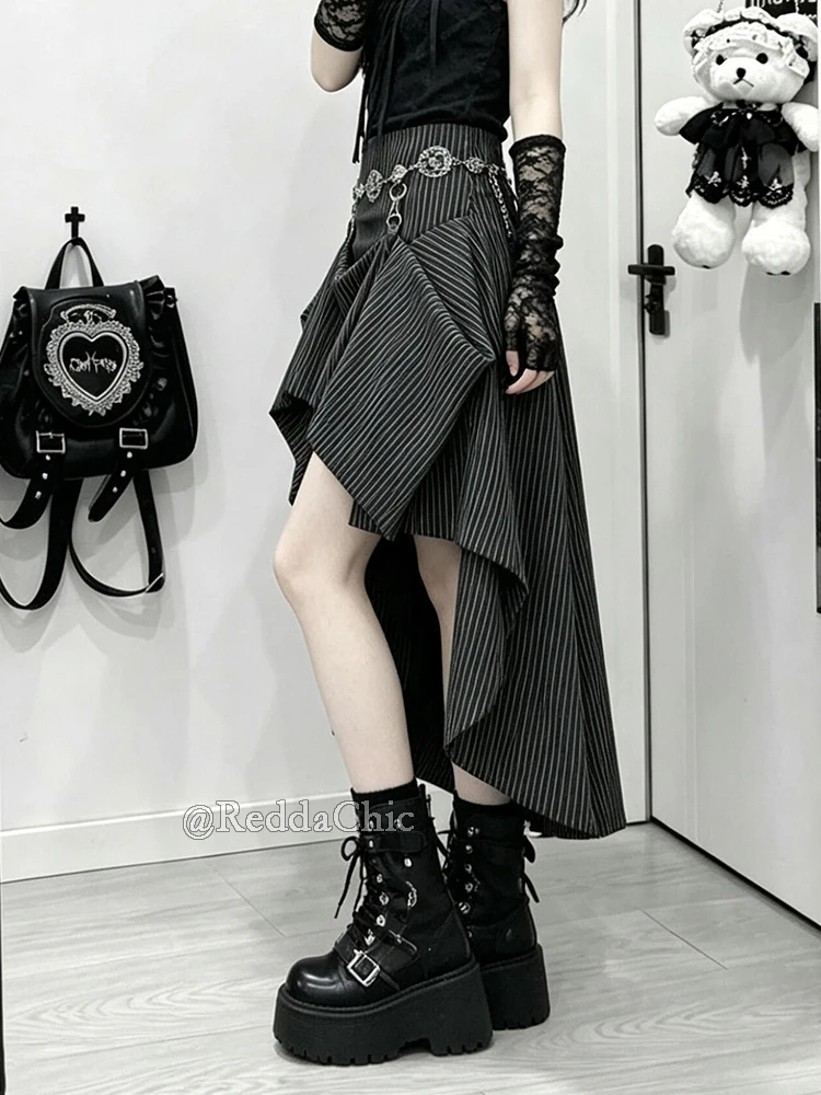 ReddaChic 2-Way High Low Striped Skirt Goth Music Festival Color Block Maxi Mermaid Suit Skirt Vintage Grunge Women Clothing