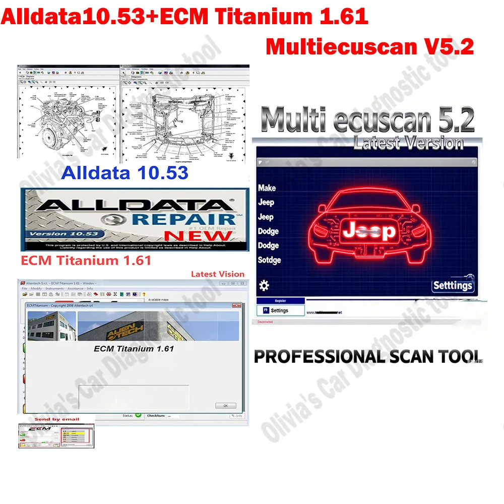 

New ALLDATA 10.53 OBD2 Scanner with Wiring Diagrams + ECM Titanium 1.61 With 26000 Driver ECM 18259 + Multiecuscan V5.2 Software
