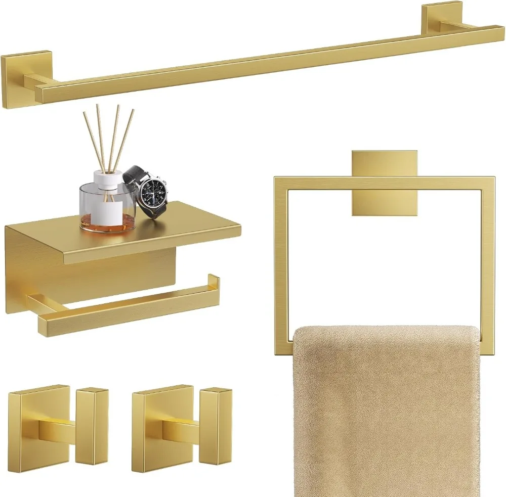 

5-Piece Brushed Gold Bathroom Hardware Set, 23.6" SUS304 Stainless Steel Towel Bar with Shelf and Square Toilet Paper Holder