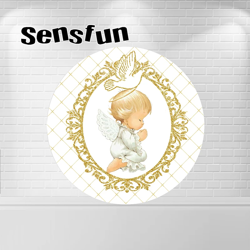 الذهب الأبيض المعمودية غطاء خلفية مستديرة الملاك الطفل الله يبارك دائرة خلفية Mi Primera Comunion طيدة يغطي