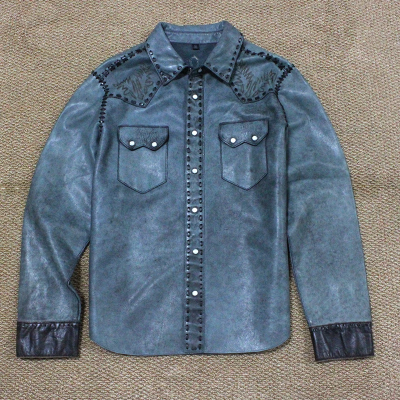 

New high quality fashion Vintage Embroidery cowhide shirt Braided rope men women real leather jacket