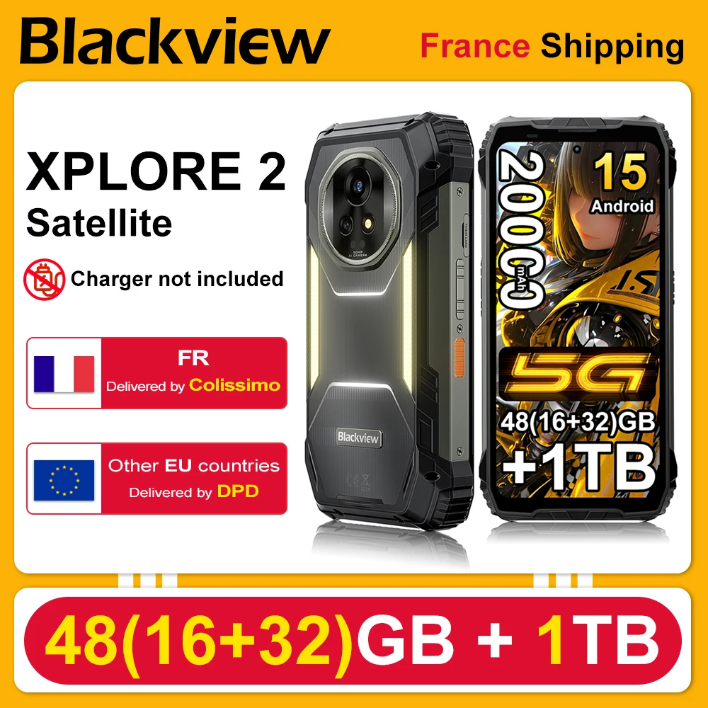 BLACKVIEW XPLORE 2 Satellite [Sans chargeur UE] Smartphone Renforcé 48(16+32)Go+1To Android 15 Écran 6.73" Batterie 20000 mAh 120W 2.4K 120Hz NFC 50MP+20MP