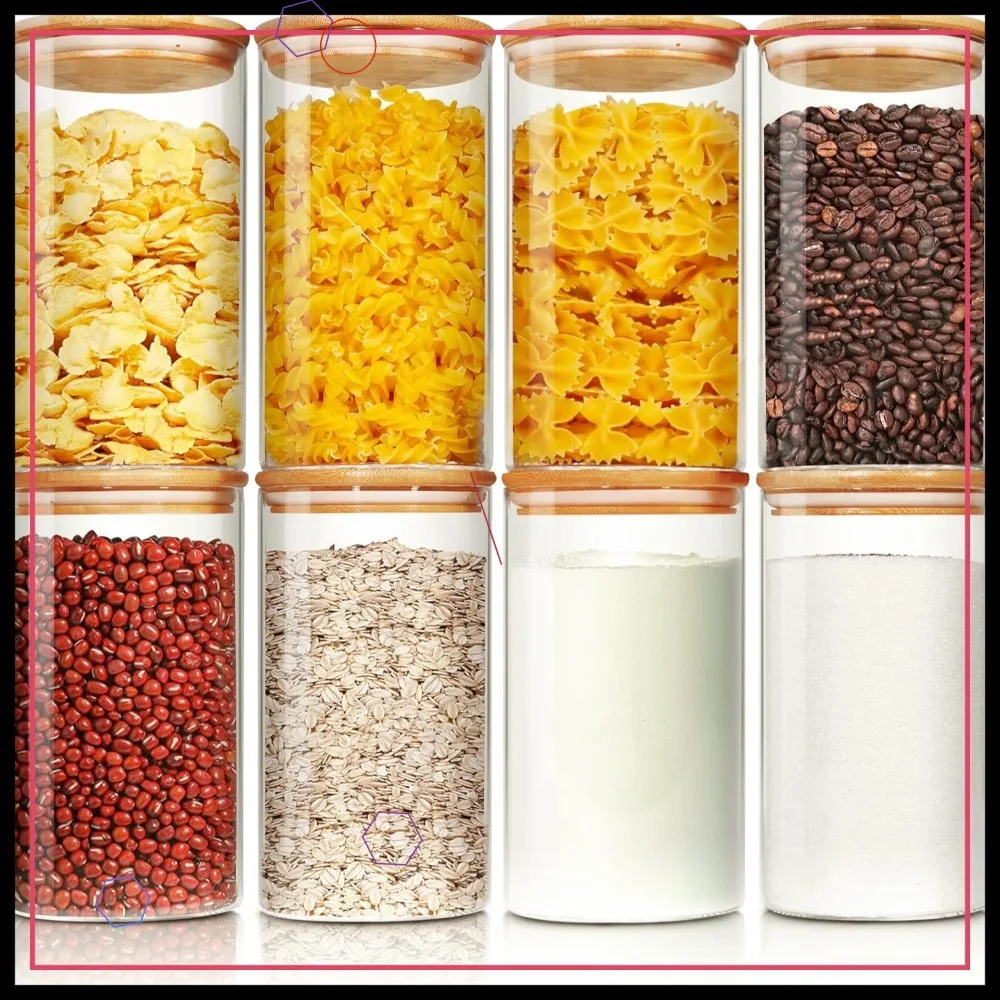 

Стеклянные банки с бамбуковыми крышками, набор из 8 герметичных контейнеров для хранения продуктов для кухни и кладовой