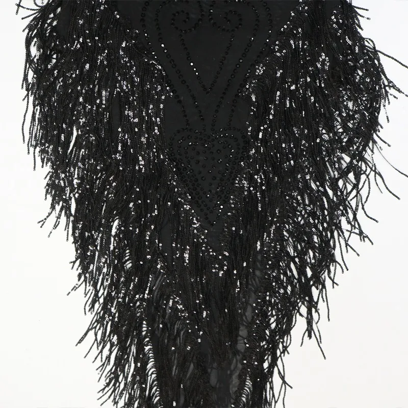 KEXU New Round Neck Polyester Mesh Splicing Beads Tassel Perspective Hot Stamping Dress Irregular Sheer Maxi Party Dress