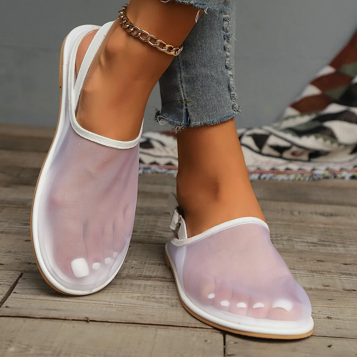 Summer Luxury Flat Sandals Women Back Trip Strap Scuffs Shoe Fashion Platform Sandals White Mesh Breathable Casual Female Slides