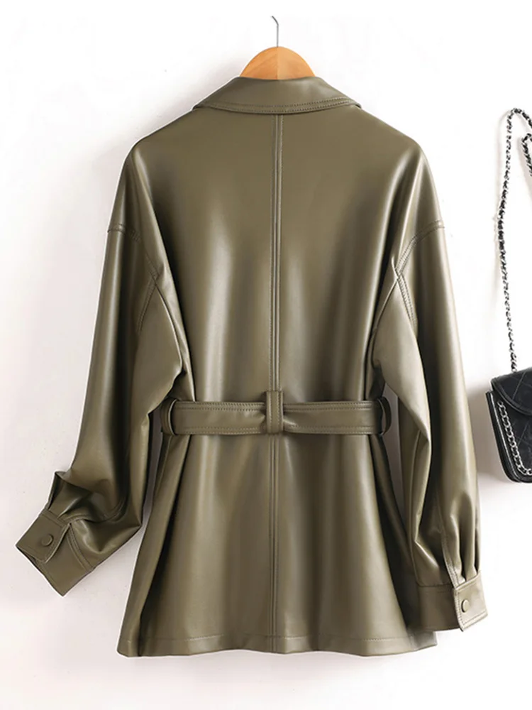New Women Medium Long Split Leather Coat Autumn Fashion Turn-down Collar Slim Waist with Belt Short Coat Casual Leather Trench