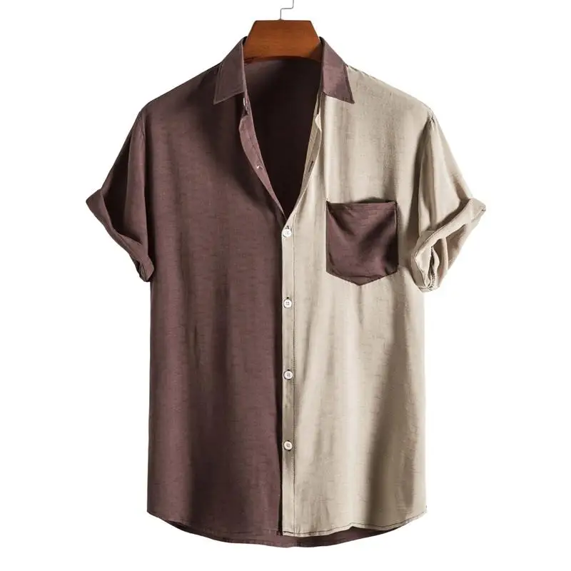 Men's Fashion Casual Splicing Short Sleeve Shirt Thickened Fleece Lined Nine-Quarter Sleeve Stand Collar Autumn Shirt