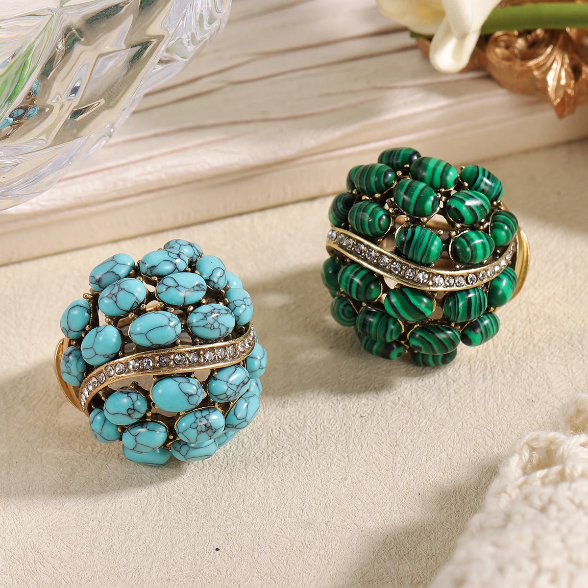 Vintage Malachit/Türkis Steinring für Damen, Feste Größe Kupferschmuck, Einzigartiges Boho Statement Geschenk – Detail 3