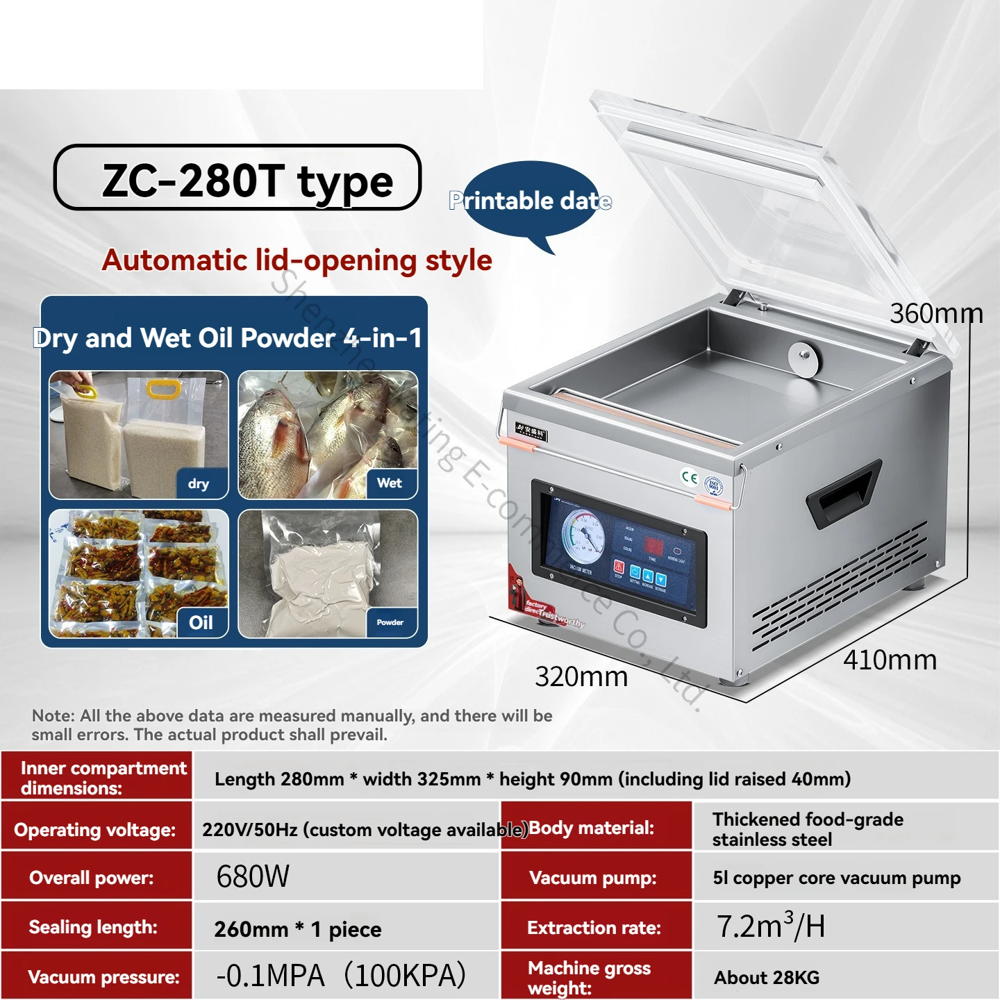 280T Food Vacuum Packaging Machine Commercial Meat Preservation Plastic Vacuum Sealing Machine Wet Dry Dual Use