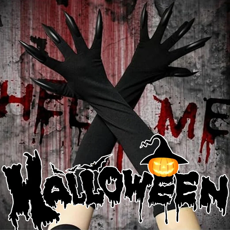 Halloween Scary Claw Gloves Black Stretchy with Pointed Nails Witch Monster Costume Essential Accessories Props