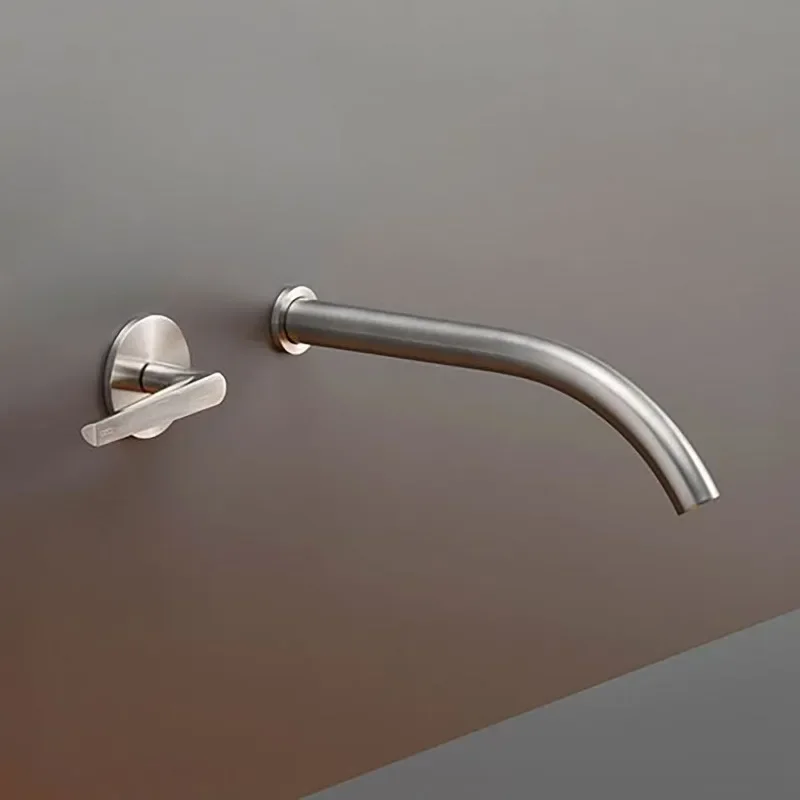 Brushed silver, brushed nickel, stainless steel natural color, wall basin faucet, concealed basin faucet