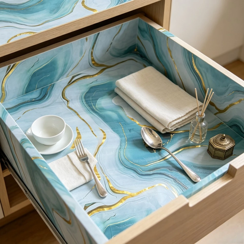 Water Ripple Blue Gold Marble Waterproof Self Adhesive Wallpaper High Gloss Home Furniture Renovation Sticker