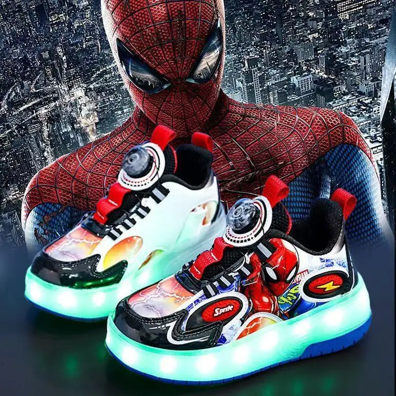 Boys LED Light Luminous Shoes Jazzy Children Roller Skate Shoes With Wheels Cartoon Spiderman Print Kids Junior Glowing Sneaker