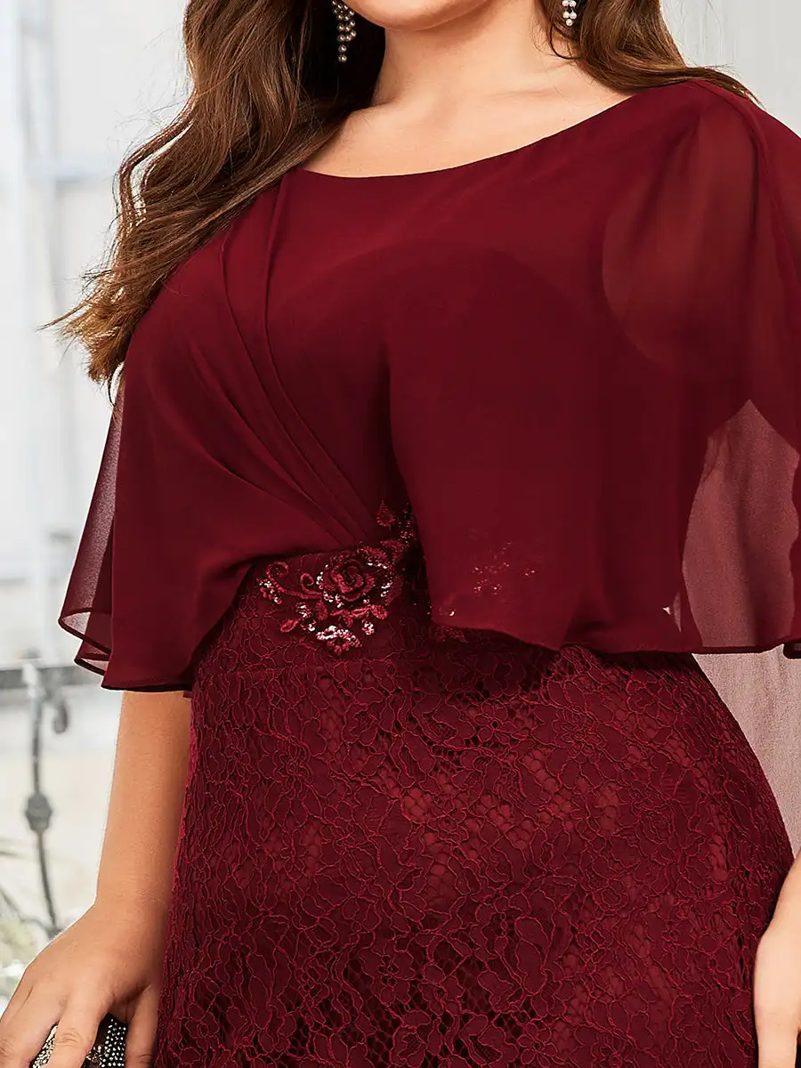 Plus Size Elegant Evening Dresses Fishtail Ruffles Sleeves O-Neck Floor-Length 2024 Ever Pretty of  Burgundy Bridesmaid Dresses